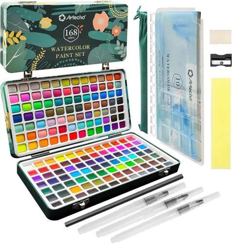 Vista 11 de Artecho Juego de pintura de acuarela de 50 colores, juego de acuarela de viaje con papeles de acuarela y pinceles, ideal para aficionados