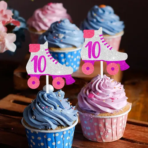 Vista 5 de 18 piezas de decoración de cupcakes para fiestas de cumpleaños número 10, decoración de patín rosa y morado para niños de 10 años y niñas, fiesta