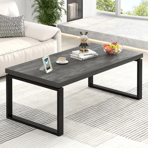 Vista 12 de EXCEFUR - Mesa de café moderna negra, mesa de centro industrial de madera y metal para sala de estar, mesa de té y cóctel rectangular, roble negro