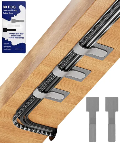 Vista 9 de 80 bridas para cables de gancho y bucle, correas de cable de gancho y bucle, gestión de cables debajo del escritorio, clips adhesivos para cables