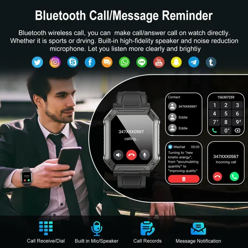 Vista 2 de Reloj inteligente para hombre, rastreador de ejercicio: relojes digitales militares para hombre, Bluetooth, responder llamadas, correr, impermeable