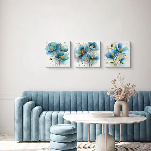 Vista 4 de NAN Wind 3 piezas de arte de pared de flores azules, impresión botánica moderna, ilustración floral floreciente, salpicaduras de acuarela y elegante