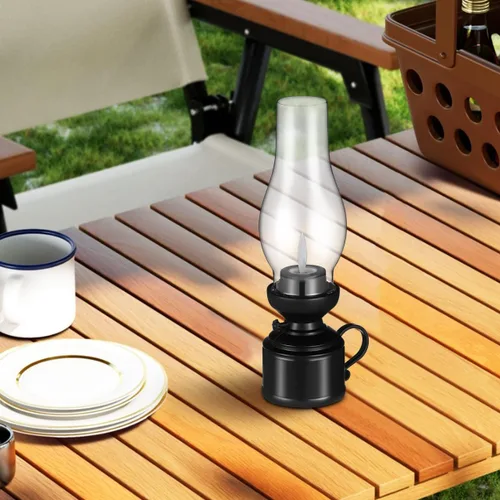 Vista 7 de Zerodeko Lámpara de queroseno vintage sin llama, lámpara de mesa LED de queroseno, lámpara transparente de huracán, funciona con pilas, mesita
