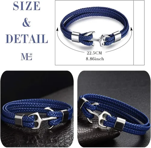 Vista 3 de MicLee Pulsera de cuero hecha a mano para hombre, pulsera de anclaje vintage multicapa con caja de regalo
