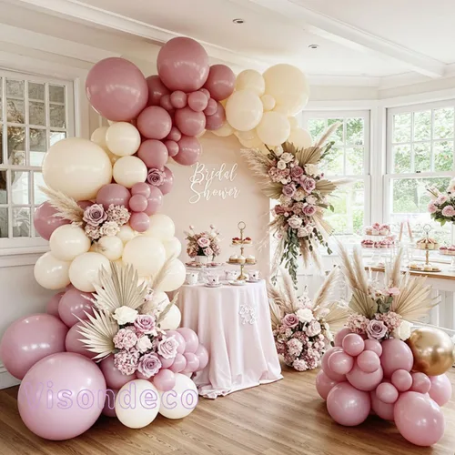 Vista 5 de Kit de arco de globos rosa, blanco y dorado champán, kit de guirnalda de globos de doble relleno, color rosa polvoriento, con mariposas para feliz