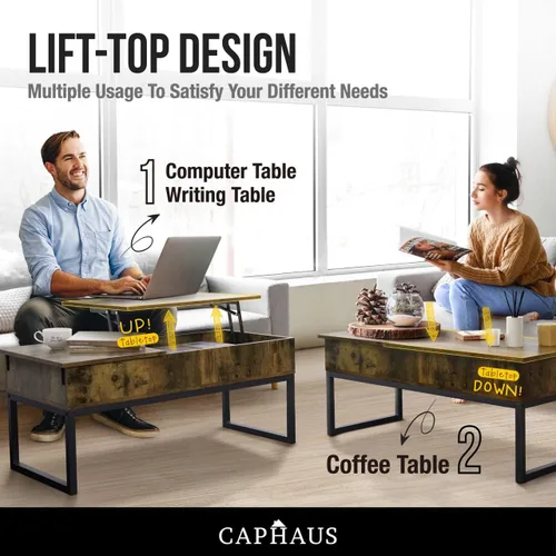 Vista 5 de CAPHAUS Mesa de centro elevable con compartimento oculto y cajón deslizante, mesa elevadora para almacenamiento de sala de estar, 41 pulgadas