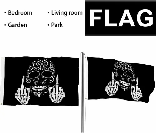 Vista 6 de Swono Bandera de calavera con diseño de esqueleto con dedo medio, bandera negra de 3 x 5 pies, bandera grande para exteriores e interiores, oficina