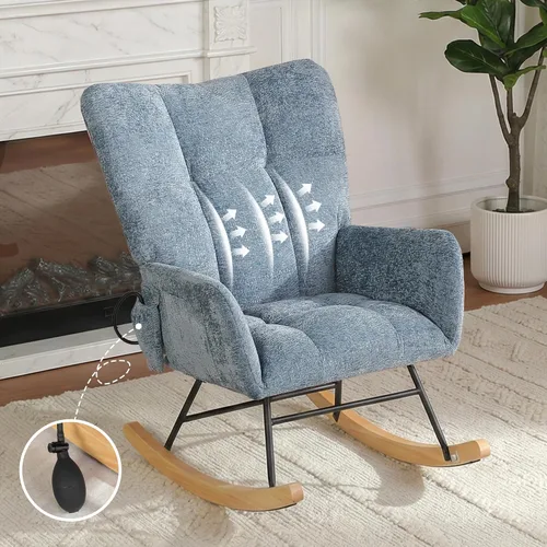 Vista 13 de Mecedora de cuarto de bebé con asiento deslizante tapizado en estilo oso de peluche, con respaldo alto, sillón acento con cómodo bolsillo lateral