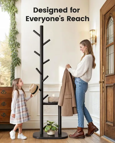 Vista 6 de Pipishell Perchero, árbol de pasillo independiente con 8 ganchos y estante de almacenamiento, base de madera maciza, perchero de 66.3 pulgadas