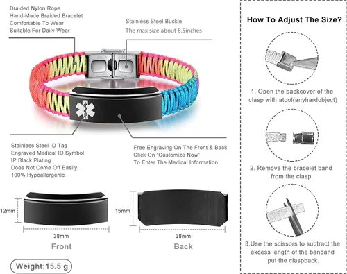 Vista 2 de Pulseras de alerta médica para mujeres Pulseras de identificación médica personalizables para hombres, niñas y niños Pulseras médicas trenzadas