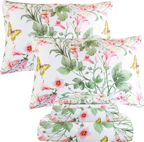 Vista 24 de QSH Juego de sábanas de tamaño individual 100% algodón egipcio, estampado de flores verdes con pájaros, mariposas y botánicas, lujo impreso, ropa