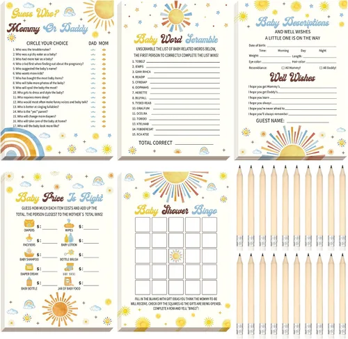 Vista 29 de Yinder 145 tarjetas de actividades para juegos de baby shower con 20 lápices, incluye descripción de bingo para bebés y deseos, adivina quién es