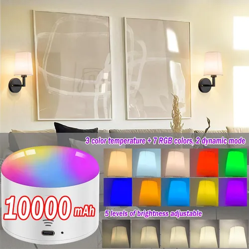 Vista 6 de Juego de dos apliques de pared modernos que funcionan con pilas, con control remoto, lámpara de pared inalámbrica para interiores, lámpara de pared