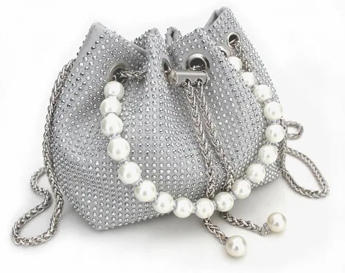 Vista 2 de Bolso de mano con diamantes de imitación plateados, brillante y delicado, bolso de noche de diamantes de imitación plateado de lujo, ligero