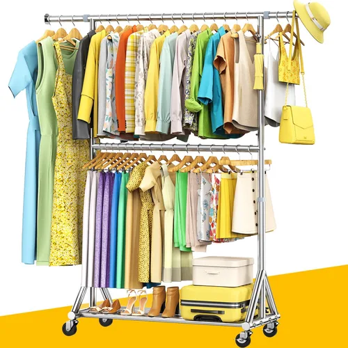Vista 7 de Perchero resistente que carga 760 libras, perchero de doble nivel para colgar ropa con ruedas, perchero de metal de doble barra de 74 a 81 pulgadas