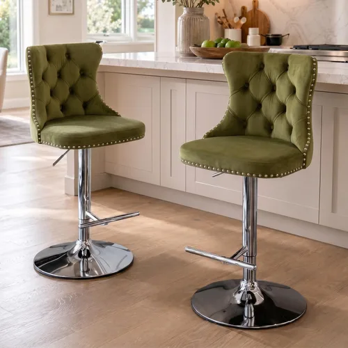 Vista 149 de SoarFlash Juego de 2 taburetes de bar tapizados de terciopelo moderno con patas de madera, botones acolchados, cabeza de clavo cromada, asiento