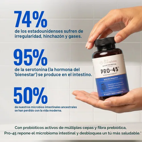 Vista 6 de Fórmula probiótica de grado clínico PRO45: 45 mil millones de UFC, 11 cepas patentadas Libre de lácteos. Cápsulas vegetarianas de liberación
