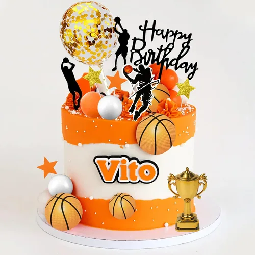 Vista 4 de 29 adornos de baloncesto para tartas de baloncesto con bolas doradas de estrella para cumpleaños de hombres