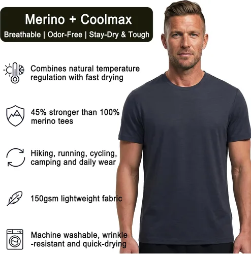 Vista 6 de Camiseta de lana merino y Coolmax Hybrid-Tech Baselayer, transpirable, de secado rápido, resistente al olor y duradera Gris oscuro