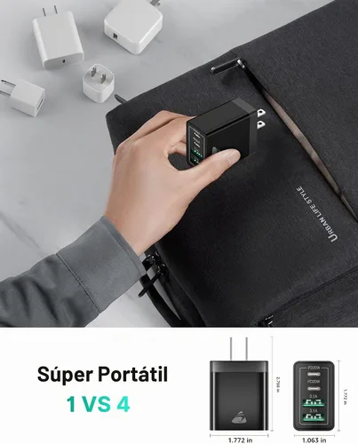 Vista 6 de Bloque de cargador USB C, cargador de pared USB C de 40 W, PD+QC 3.0, adaptador de corriente de doble puerto, 4 puertos multipuerto de carga rápida