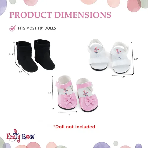 Vista 4 de Emily Rose Ropa para muñecas: paquete de 3 zapatos de muñeca de 18 pulgadas, juego de regalo de valor: zapatos rosados, sandalias blancas y botas