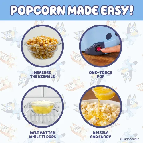 Vista 4 de Uncanny Brands Bluey - Máquina eléctrica para hacer palomitas de maíz, sin aceite, con 12 bolsas de papel, con licencia