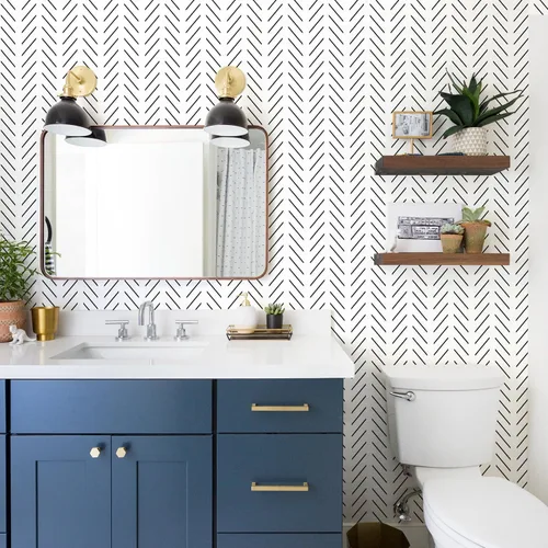 Vista 7 de Orainege - Papel de colgadura adhesivo negro y blanco con diseño de espina de pescado, papel de contacto para baño, 17.7 x 78.7 pulgadas, papel