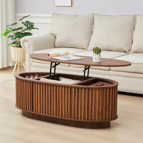 Vista 15 de Mesa auxiliar ovalada para sala de estar, mesas de centro de granja de 43.3 pulgadas con almacenamiento, mesa central de madera de 2 niveles