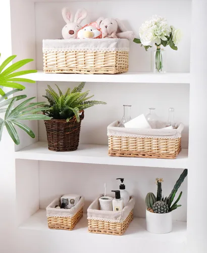 Vista 3 de Cesta de almacenamiento hecha a mano, cesta de mimbre tejida a mano, materiales de sauce natural, rectangular, 1 paquete, tamaño pequeño