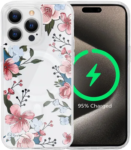 Vista 56 de Funda magnética de flores para iPhone 15 [compatible con MagSafe] Bonito patrón floral transparente a prueba de golpes