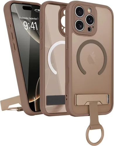 Vista 26 de Funda para iPhone 16 Pro Max, compatible con Magsafe, color negro Funda magnética mate translúcida, agarre de anillo de dedo, soporte ajustable