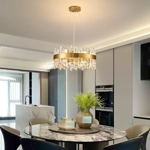Vista 4 de Siljoy - Candelabro de cristal moderno, 12 luces, lujoso, redondo, de 2 niveles, con cristal K9 en forma de gota de lluvia, lámpara colgante de Oro
