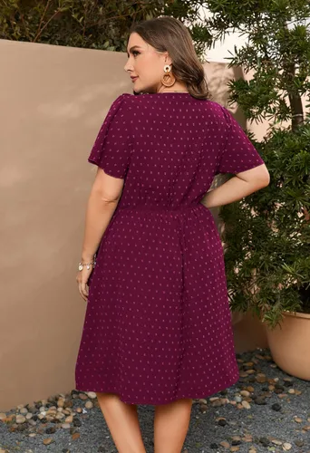 Vista 7 de ShopWonder Vestido de lunares suizos para mujer, talla grande, con botones, cuello en V, manga corta, lindo vestido bohemio fruncido con bolsillos