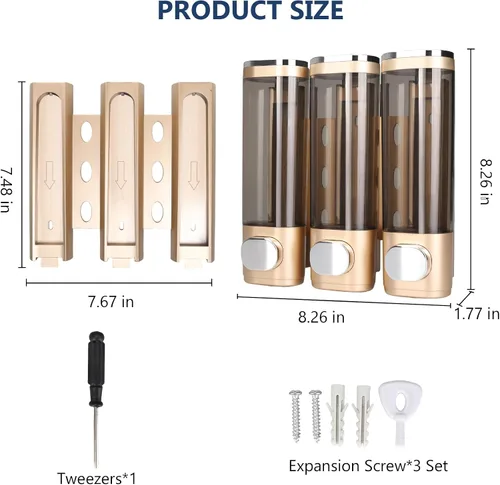 Vista 5 de Dispensador de champú y acondicionador 3 en 1 para montaje en pared, dispensador de champú de 3 cámaras, gran capacidad, sin perforar, dispensador