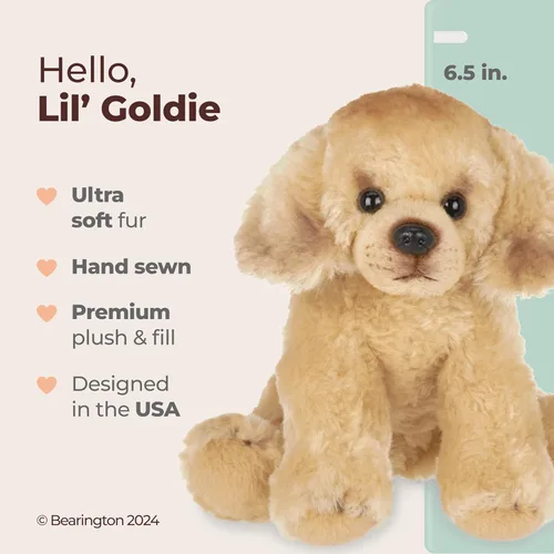 Vista 2 de Perro de peluche realista de la colección Bearington, animal de peluche dorado Retriever para niños, niños y niñas - Lil' Goldie 6 pulgadas