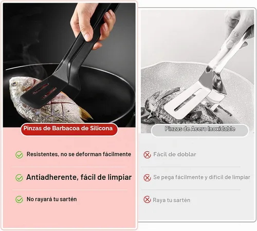 Vista 5 de Pinzas de silicona para barbacoa, abrazadera de acero inoxidable para asar y ensalada