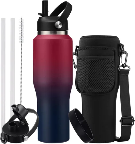 Vista 34 de Botella de agua de acero inoxidable de 32 onzas, frío-48 horas y caliente-24 horas, termo con popote y tapas de boquilla, bolsa, botella aislada al