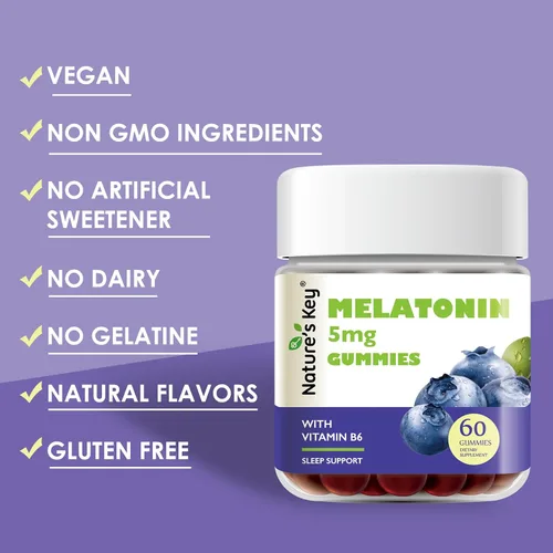 Vista 3 de Nature's Key Gomitas de melatonina para niños y adultos, gomitas de dosis de 5 mg con vitamina B6, sin OMG, sin gluten, sabor natural a arándanos