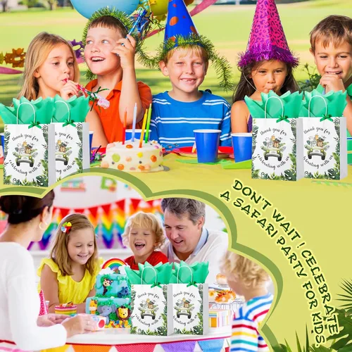 Vista 5 de Seajan Paquete de 24 bolsas de recuerdo de fiesta de animales de safari de selva para baby shower, 10.63 x 8.27 pulgadas, tamaño mediano con asa