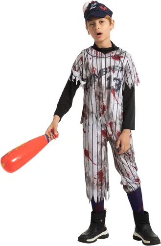 Vista 3 de Spooktacular Creations Disfraces de jugador de béisbol zombi para niños, disfraz de Halloween aterrador para niños, fiestas de Halloween