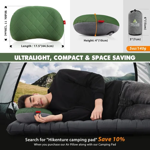 Vista 9 de Hikenture Bomba de pie doble para dormir con 2 almohadas de camping, color verde