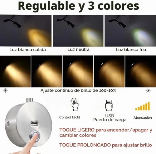 Vista 2 de Luz de lectura regulable montada en la pared con puerto de carga USB, luz de lectura LED enchufable, lámparas de pared con cuello de cisne flexible