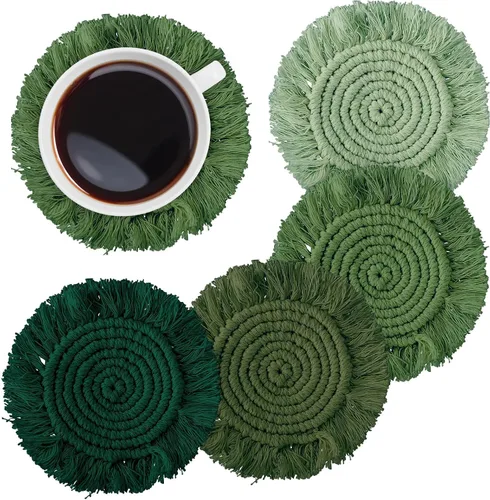 Vista 8 de Whaline Juego de 4 posavasos de macramé bohemios, hechos a mano, tejido a mano, tapete bohemio con borla para el hogar, cocina, oficina, fiesta Tema