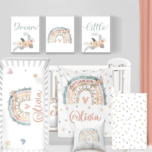 Vista 25 de Juego de ropa de cama personalizado para cuna de bebé, juego de 5 piezas para cuna de bebé, diseño de arco iris y diseño de arco iris, manta de bebé