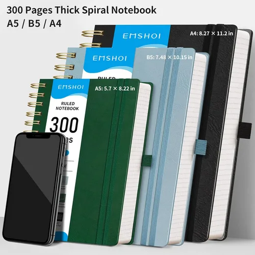 Vista 6 de EMSHOI Cuaderno con espiral de la universidad rayado, 300 páginas numeradas, A4 tapa dura grande de cuero, cuaderno rayado grueso de 100 g/m²