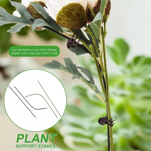 Vista 6 de Juego de 10 estacas de metal para plantas de jardín con 15 clips de fijación de vid, estacas de flores de un solo tallo de 15.75 pulgadas de alto