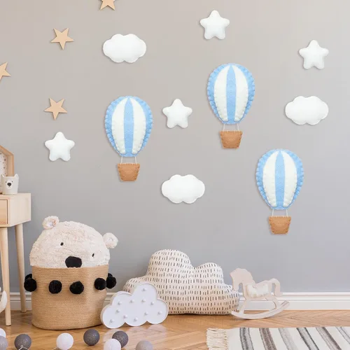 Vista 5 de Poen - 10 globos aerostáticos de fieltro para decoración de pared, nubes de estrellas para guardería, color azul Kids Room Wall Decorations