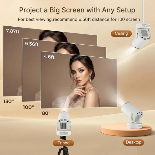 Vista 7 de Mini proyector con WiFi y Bluetooth, proyector portátil 4K con altavoz de 5 W, Keystone vertical automático y giratorio de 180°, proyector
