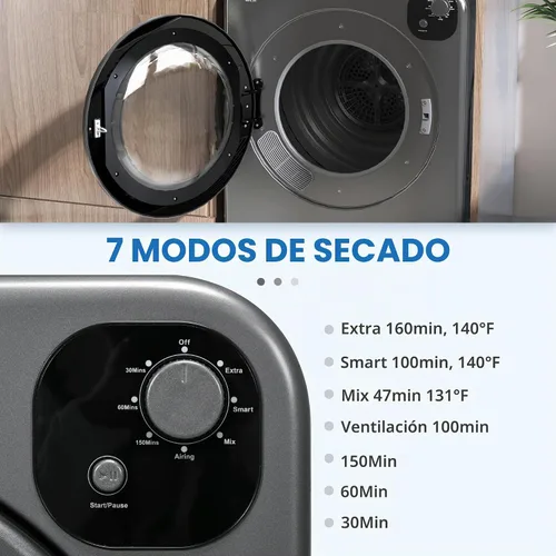 Vista 3 de HOMCOM - Secadora de ropa portátil, secadora de ropa compacta de 120V 1300W con secado inteligente, tambor de acero inoxidable de 3.2 pies cúbicos