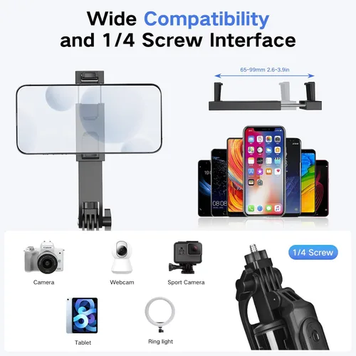 Vista 6 de Trípode de metal para selfie stick para iPhone con luz, selfiestick de teléfono celular de 70 pulgadas con control remoto, soporte de trípode